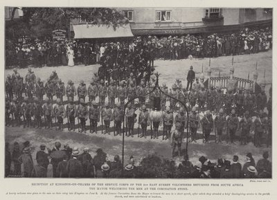Accoglienza a Kingston-on-Thames del Corpo di Servizio dei 2nd East Surrey Volunteers tornati dal Sudafrica, il sindaco accoglie gli uomini alla Coronation Stone da English Photographer