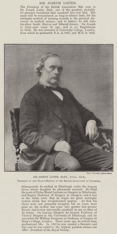 Sir Joseph Lister, Baronet, DCL, LLD, Presidente della riunione annuale della British Association a Liverpool da English Photographer
