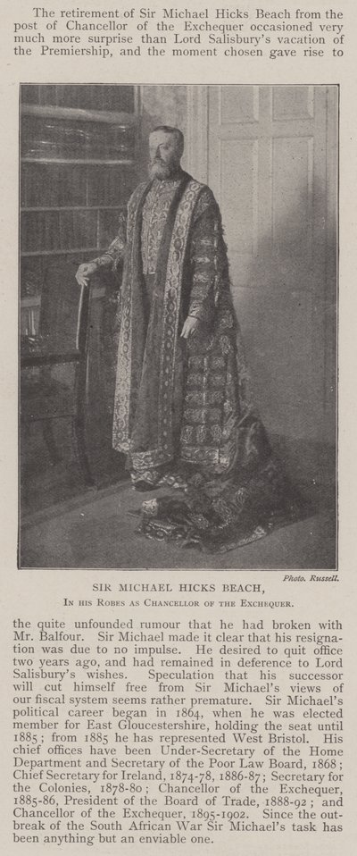 Sir Michael Hicks Beach, nei suoi abiti da Cancelliere dello Scacchiere da English Photographer