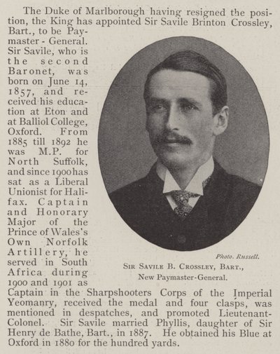Sir Savile B Crossley, baronetto, nuovo pagatore generale da English Photographer