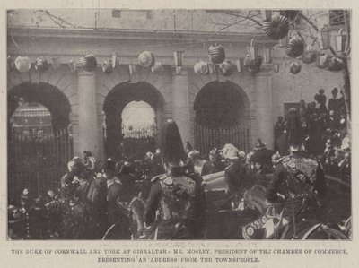 Il Duca di Cornovaglia e York a Gibilterra, il signor Mosley, presidente della Camera di Commercio, presenta un indirizzo dai cittadini da English Photographer