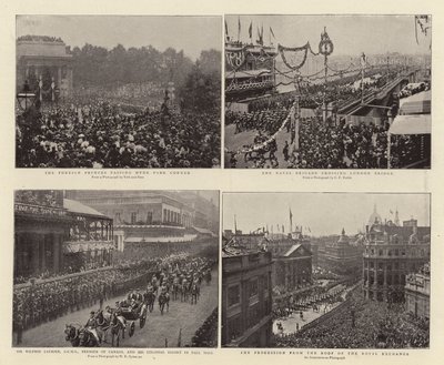 I principi stranieri che passano per Hyde Park Corner, Sir Wilfrid Laurier, GCMG, premier del Canada, e la scorta coloniale a Pall Mall, la brigata navale che attraversa il London Bridge, la processione dal tetto del da English Photographer