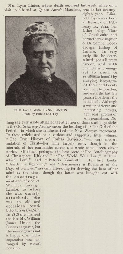 La defunta signora Lynn Linton da English Photographer