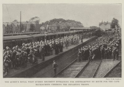 Il Reggimento Reale del Surrey Occidentale della Regina in treno per Southampton in rotta per il Capo, Marinai che salutano le Truppe in Partenza da English Photographer