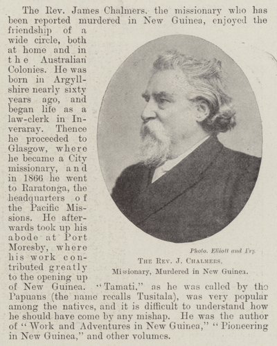Il reverendo J Chalmers, missionario, assassinato in Nuova Guinea, aprile 1901 da English Photographer
