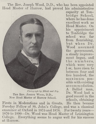 Il reverendo Joseph Wood, DD, nuovo preside della Harrow School da English Photographer