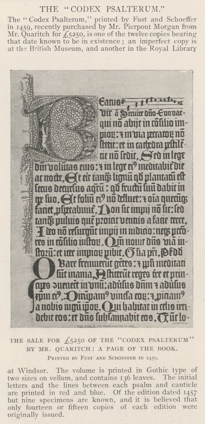 La vendita per £5250 del Codex Psalterum da parte del Signor Quaritch, una pagina del libro da English Photographer