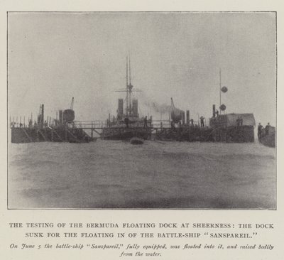 Il test del bacino galleggiante delle Bermuda a Sheerness, il bacino affondato per il galleggiamento della nave da battaglia Sanspareil da English Photographer
