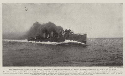 Il cacciatorpediniere HMS Viper, che corre alla velocità record di 35,5 nodi, o quasi quarantuno miglia statutarie all
