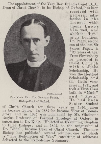 Il molto reverendo Dr Francis Paget, vescovo eletto di Oxford da English Photographer