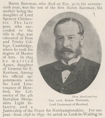 Il defunto Barone Bateman, Lord Luogotenente di Hereford da English Photographer