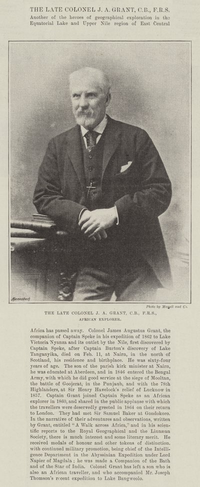 Il defunto colonnello J A Grant, esploratore africano da English Photographer