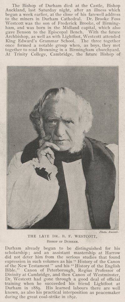 Il defunto Dr B F Westcott, vescovo di Durham da English Photographer