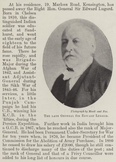 Il defunto generale Sir Edward Lugard da English Photographer
