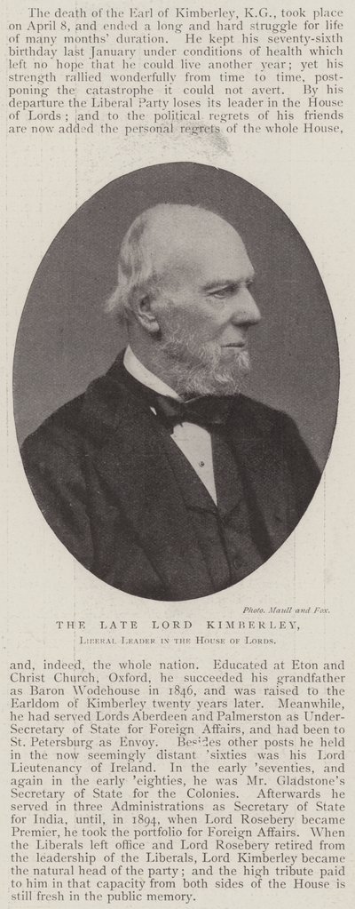 Il Defunto Lord Kimberley, Leader Liberale nella Camera dei Lord da English Photographer