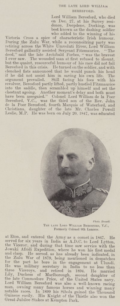 Il defunto Lord William Beresford, VC, ex Colonnello dei 9th Lancers da English Photographer