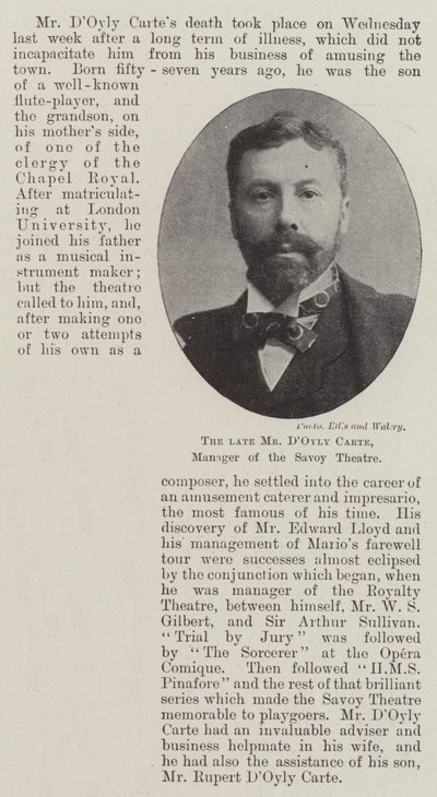 Il defunto Mr DOyly Carte, direttore del Savoy Theatre da English Photographer
