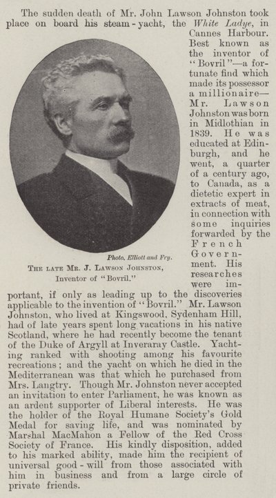 Il defunto Mr J Lawson Johnston, inventore del Bovril da English Photographer