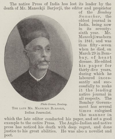 Il defunto signor Maneckji Barjorji, giornalista indiano da English Photographer
