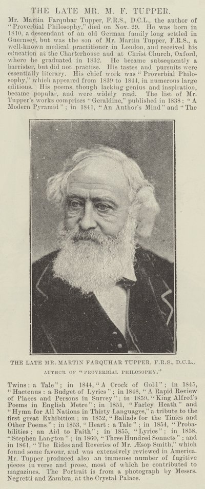Il defunto Sig. Martin Farquhar Tupper, FRS, DCL, Autore di Proverbial Philosophy da English Photographer