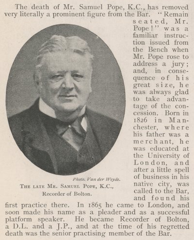 Il defunto signor Samuel Pope, KC, giudice di Bolton da English Photographer