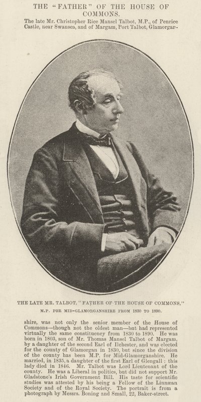 Il defunto Mr Talbot, padre della Camera dei Comuni, MP per Mid-Glamorganshire dal 1830 al 1890 da English Photographer