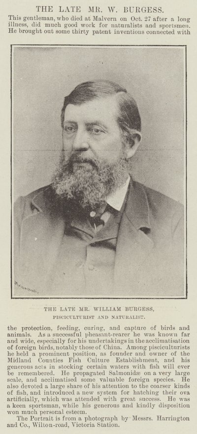 Il defunto Sig. William Burgess, Piscicultore e Naturalista da English Photographer