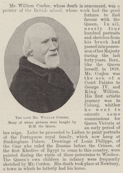 Il defunto signor William Corden, molti dei cui quadri furono acquistati da Sua Maestà la Regina da English Photographer