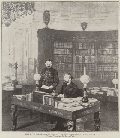 Il defunto Presidente, Mr Carnot, firma documenti nel suo studio da English Photographer