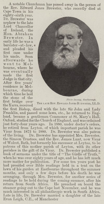 Il defunto reverendo Edward Jones Brewster, LLD da English Photographer
