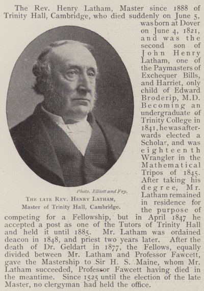 Il defunto reverendo Henry Latham, maestro di Trinity Hall, Cambridge da English Photographer