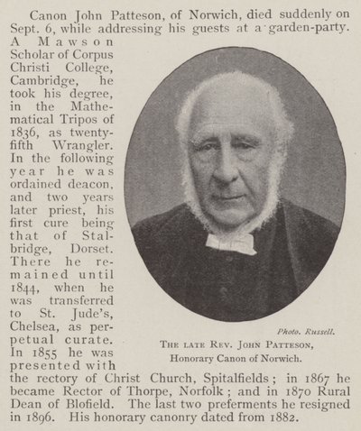 Il defunto reverendo John Patteson, canonico onorario di Norwich da English Photographer