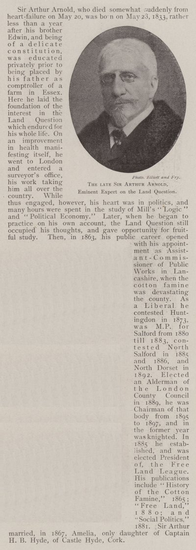 Il defunto Sir Arthur Arnold, eminente esperto della questione agraria da English Photographer