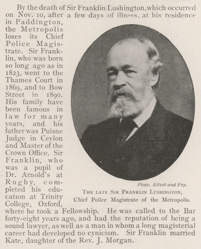 Il defunto sir Franklin Lushington, capo magistrato di polizia della metropoli da English Photographer