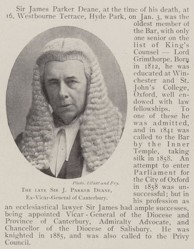 Il defunto Sir J Parker Deane, ex-vicario generale di Canterbury da English Photographer