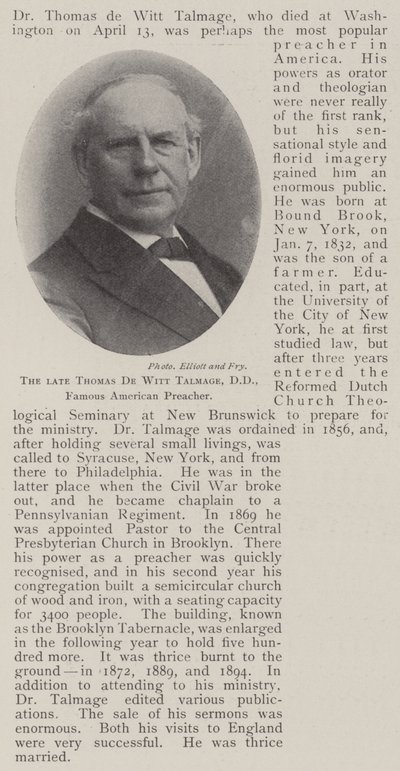 Il Defunto Thomas de Witt Talmage, DD, Famoso Predicatore Americano da English Photographer