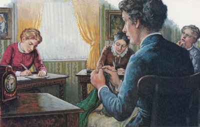 1873, tre studenti del Girton College appena fondato sostengono gli esami finali di laurea (litografia a colori) da English School