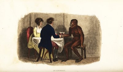 Coppia olandese del XVIII secolo che beve vino con un orango del Borneo al tavolo da pranzo da English School