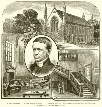 1. La cappella. 2. La scuola superiore. 3. Vescovo Cotton. 4. Scala nella vecchia casa da English School