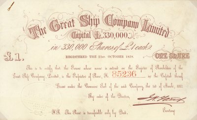 Certificato di una quota da £1 emesso dalla The Great Ship Company Limited da English School