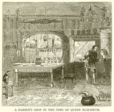Una bottega di barbiere al tempo della regina Elisabetta da English School