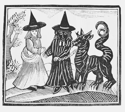 Una strega nera e una bianca con un animale diavolo, illustrazione da una raccolta di chapbook sull
