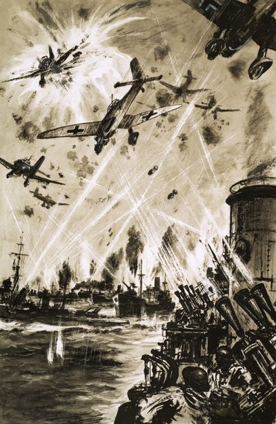 Un convoglio britannico nella Seconda Guerra Mondiale sotto attacco dai Stukas tedeschi da English School