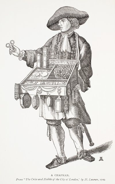 Un venditore ambulante, da The Cries and Habits of the City of London di M. Lauren, 1709, illustrazione del frontespizio da Chap-books of the Eighteenth Century di John Ashton, pub. 1882 da English School