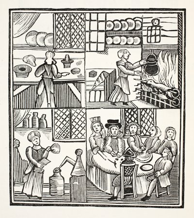 Una raccolta di ricette di cucina, illustrazione da Chap-books del XVIII secolo di John Ashton, pub. 1882 da English School