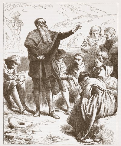 Un conventicolo: culto sulla collina, illustrazione da The History of Protestantism di James Aitken Wylie, pub. 1878 da English School
