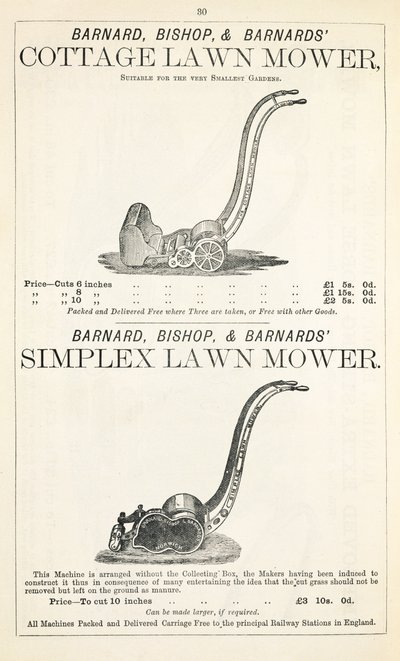 Un cottage e tosaerba Simplex, illustrazione da un catalogo di giardinaggio, pubblicato da Barnard Bishop & Barnard, 1878 da English School