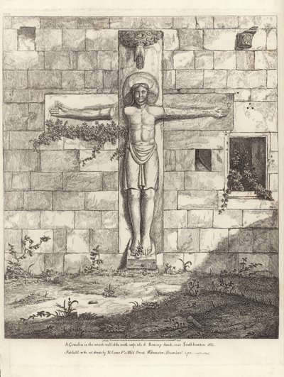 Un crocifisso sulla parete esterna del transetto sud della chiesa di Rumsey da English School