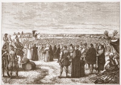 Una predica in campo vicino a Gand, illustrazione da La storia del protestantesimo di James Aitken Wylie, pub. 1878 da English School