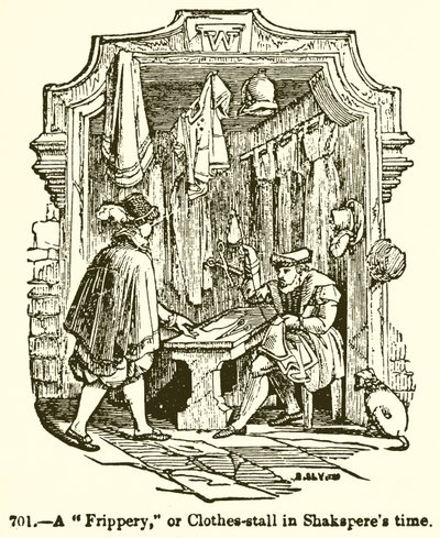 Una fripperia, o bancarella di vestiti al tempo di Shakespeare da English School